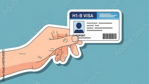 Hand holding H1B visa card illustration.