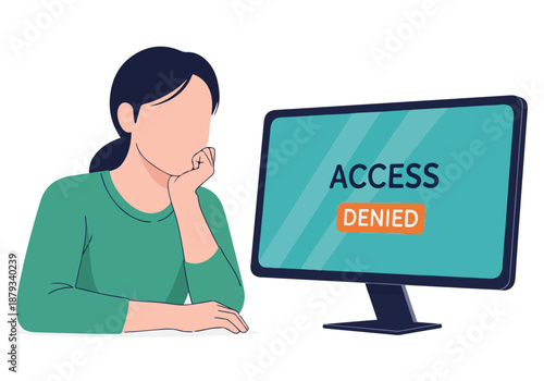 Woman looks at computer screen displaying "Access Denied" message