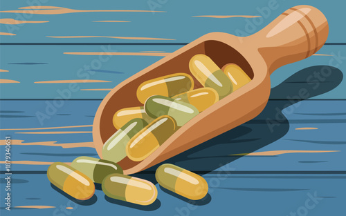 Pills spilling from a wooden scoop onto a blue wooden surface, viewed from above, showcasing various capsule shapes and colors