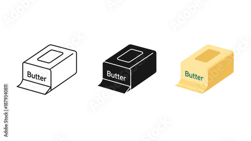 Three butter boxes in line black and white outline and yellow color variation