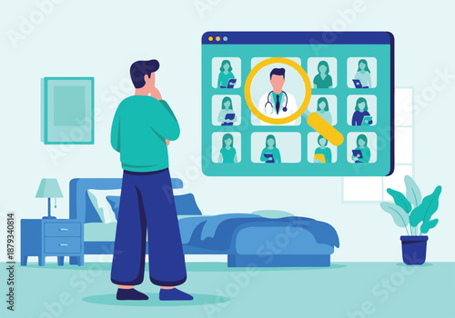 Man searching for online doctor on telemedicine platform from home.