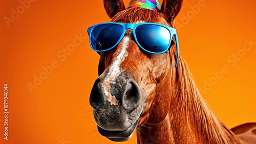 A cheerful horse wearing sunglasses and a party hat against an orange backdrop.