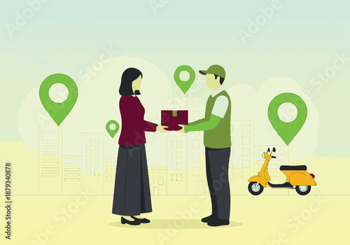 Delivery service in the city: Courier hands over package to female customer