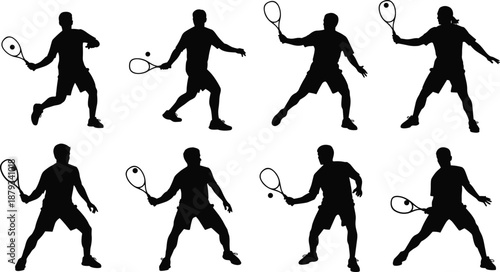 Black vector silhouette of male tennis players hitting ball, professional athlete forehand action set, sports competition motion sequence, jumping player exercise icons