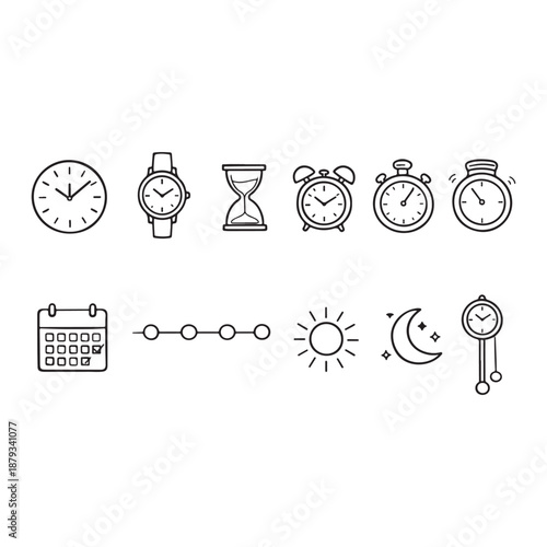 Time measurement objects set clock watch calendar and sun moon