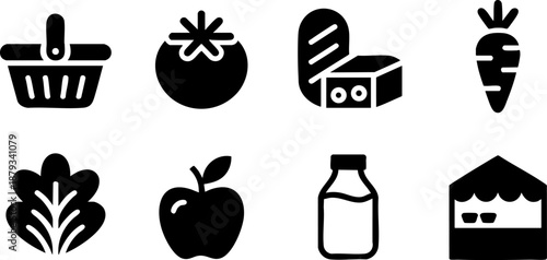 Grocery Food Icons Set Vector Shopping Healthy Organic Produce Symbols