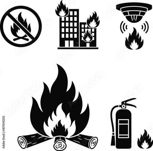 Fire Safety Icons: Prevention, Alarm, Extinguisher Graphics