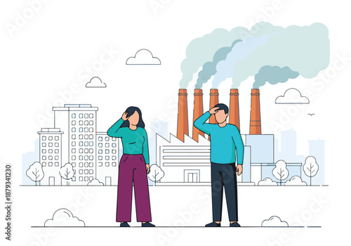 Man and woman observe air pollution from industrial factory chimneys in city