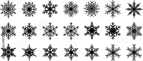 Black vector silhouette of snowflake icons set, winter frost crystal collection, christmas holiday decoration elements, cold weather ice star patterns for seasonal design