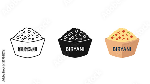 Three bowls of colorful biryani rice dish variations