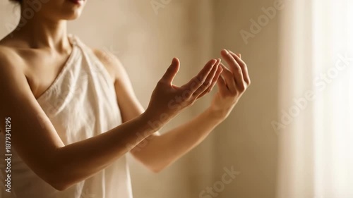 Serene woman practicing mindful and graceful hand gestures in soft light.
