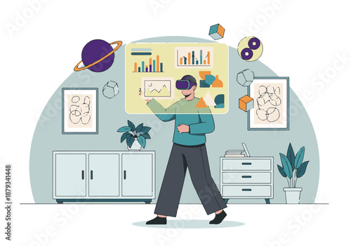 Person in VR headset interacting with virtual data and graphics in modern room