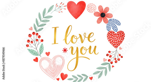 Romantic Valentine's Day Wreath with "I Love You" Message for Greeting Cards, Invitations, and Gifts