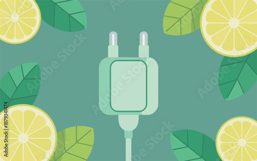 An electric charger surrounded by lemons and leaves on a green background viewed from directly above