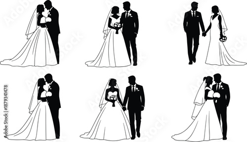 Black vector silhouette of wedding couple set, bride and groom romantic poses collection, marriage ceremony icons, elegant bridal dress and tuxedo suit graphics