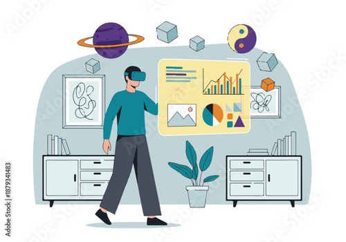 Person in VR headset interacting with augmented reality data interface