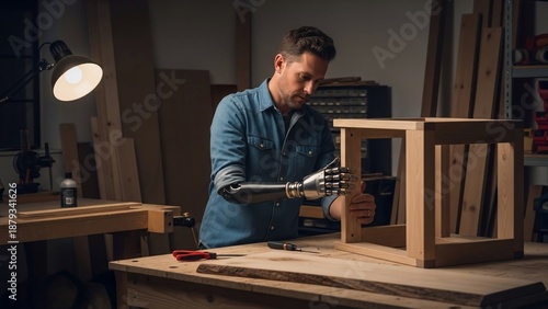 Man with prosthetic arm working on wooden furniture in a workshop.