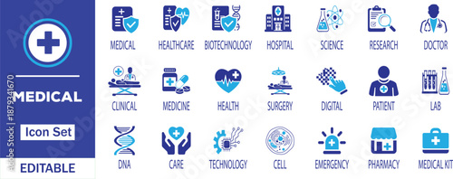 Medical icon set. featuring doctor, medicine, hospital, treatment, healthcare, nurse, pills, clinic and more. Perfect for medical, healthcare, and pharmaceutical designs.