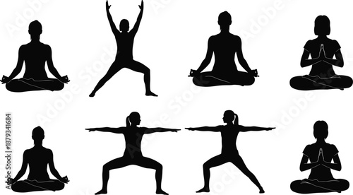 Black vector silhouette of women in yoga poses, meditation and mindfulness exercise set, wellness fitness icons, healthy lifestyle mental health stretching collection