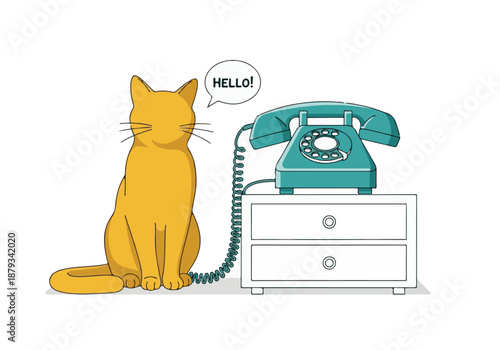 Cartoon yellow cat saying hello next to a vintage rotary telephone illustration