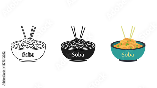 Three soba noodle bowls with chopsticks in different colors and styles