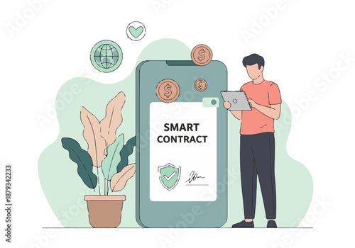 Man using tablet for digital smart contract, blockchain and online agreement