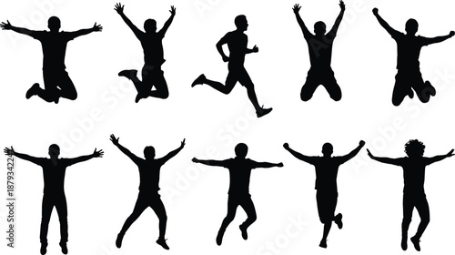 Black, silhouettes, of, people, jumping, and, running, in, celebration, set, of, happy, men, isolated, on, white, background, vector, illustration, collection, for, success.