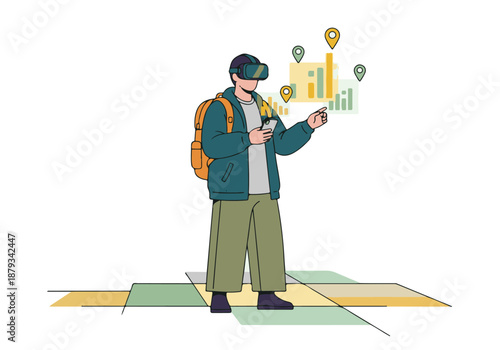 Man in VR headset using smartphone to interact with augmented reality data