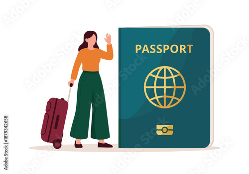 Woman with suitcase and passport preparing for international travel