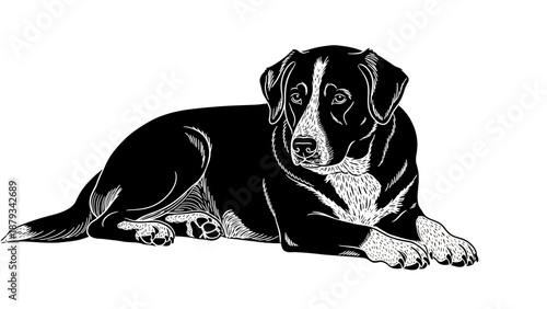 Black and White Dog Lying Down Vector Illustration