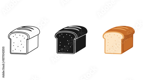 Three slices of bread in black white and brown on a white background