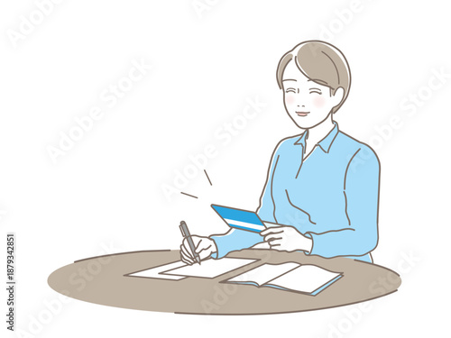 笑顔で通帳と家計簿を確認する若い女性、資産運用の成功や貯金のベクターイラスト