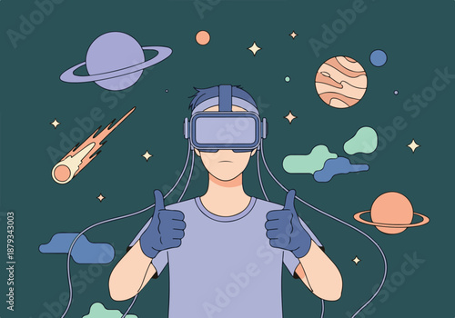 Person in VR headset exploring virtual space, giving thumbs up illustration