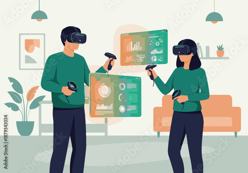 People in VR headsets interacting with virtual data dashboards