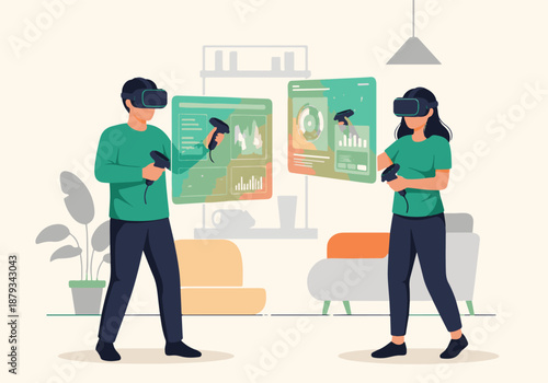 Man and woman wearing VR headsets interacting with holographic data