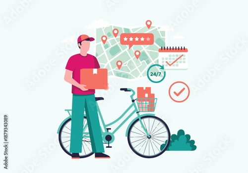 Online Delivery Service Concept with Courier on Bicycle and Logistics Icons