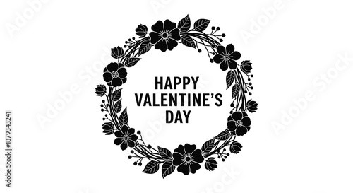 A circular floral wreath with a valentine s day message presented as a striking black silhouette