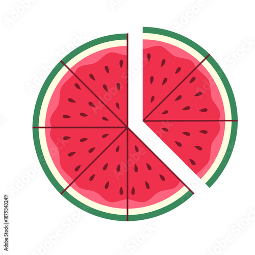 Watermelon three-eighths fraction visual perfect for teaching 3/8, math lessons, and playful educational designs for kids.