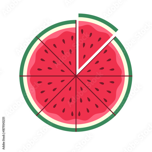 Watermelon five-eighths fraction great for teaching 5/8, beginner math, and playful children’s digital content about parts.