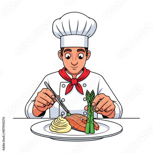 Cartoon chef presenting a delicious plate of salmon asparagus and mashed potatoes
