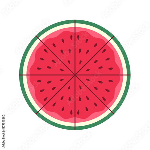 Watermelon whole circle ideal for teaching “1” as a unit, basic fractions, and playful children’s math visuals.