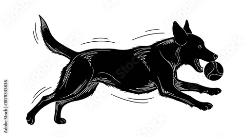 Black Dog Running with Ball Vector Illustration