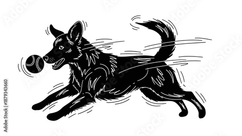 Black Dog Running with Ball Vector Illustration