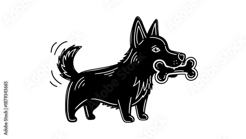 Black Dog Holding Bone Vector Illustration