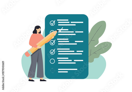 Woman marking completed tasks on a large checklist with a pencil