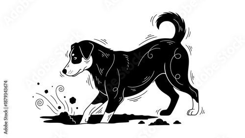 Black and White Dog Digging Hole Vector Illustration