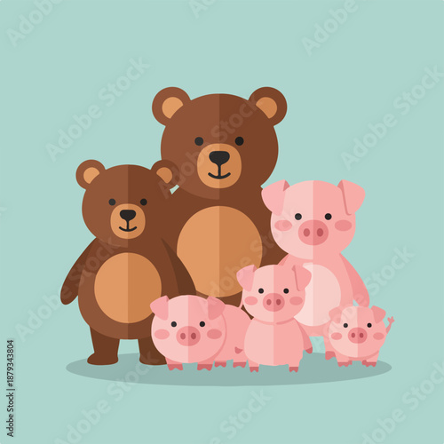 Brown bear standing with family of piglets on green background