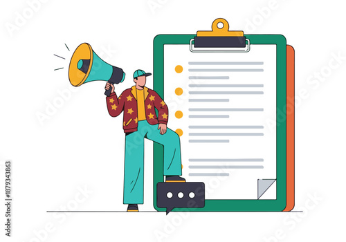 Man with megaphone announces news next to giant checklist clipboard