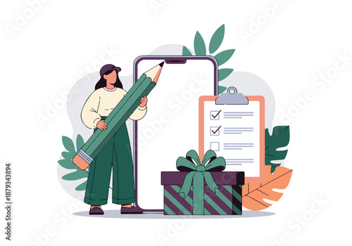Woman marking checklist on smartphone for online tasks with gift box reward