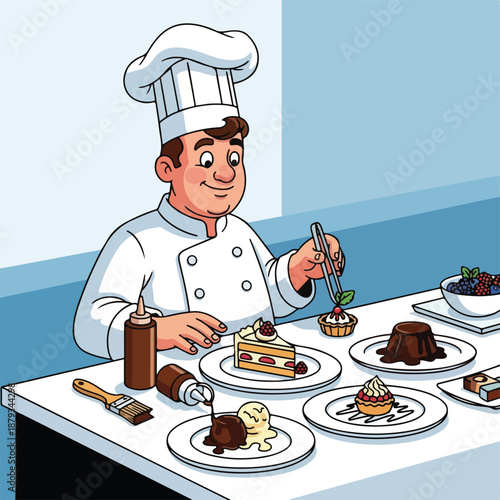 Cartoon chef decorating desserts on a table with various sweet treats